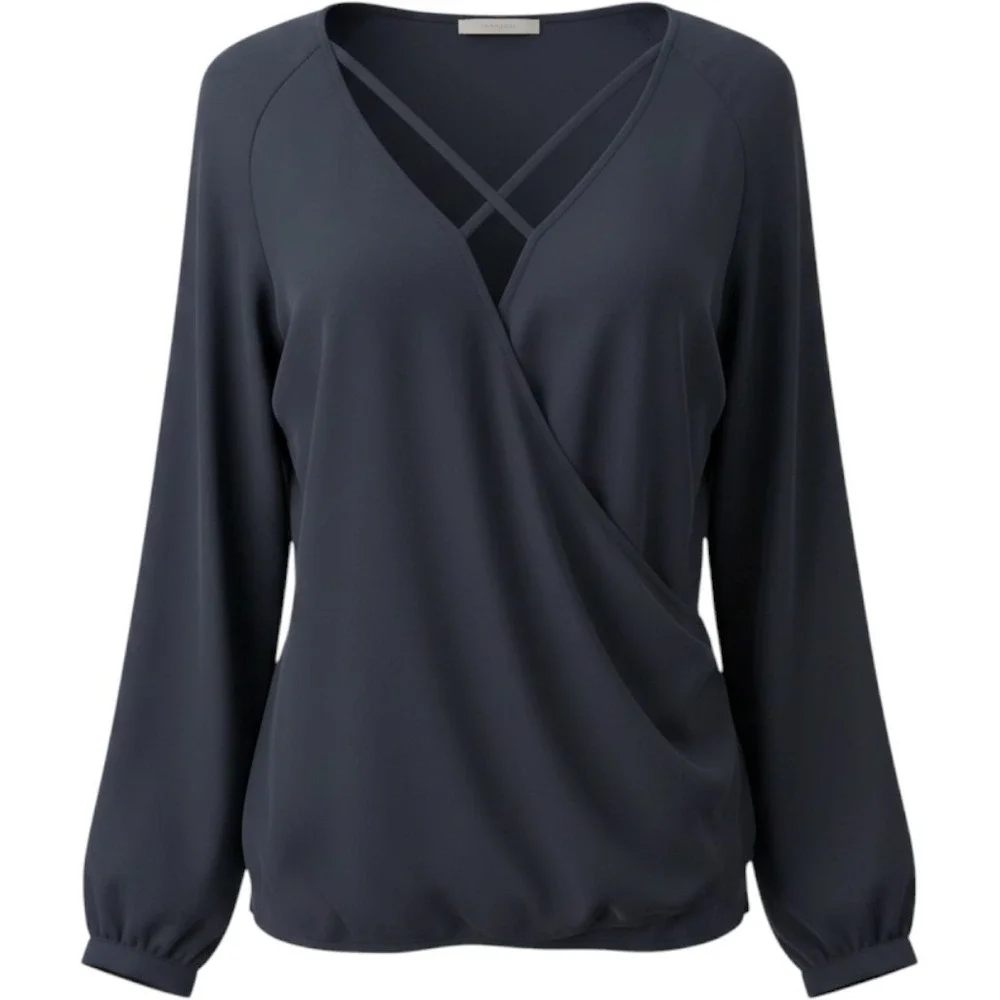Belle Sky Black Blouse Criss Cross V-Neck Wrap Front Long Sleeve Career Medium